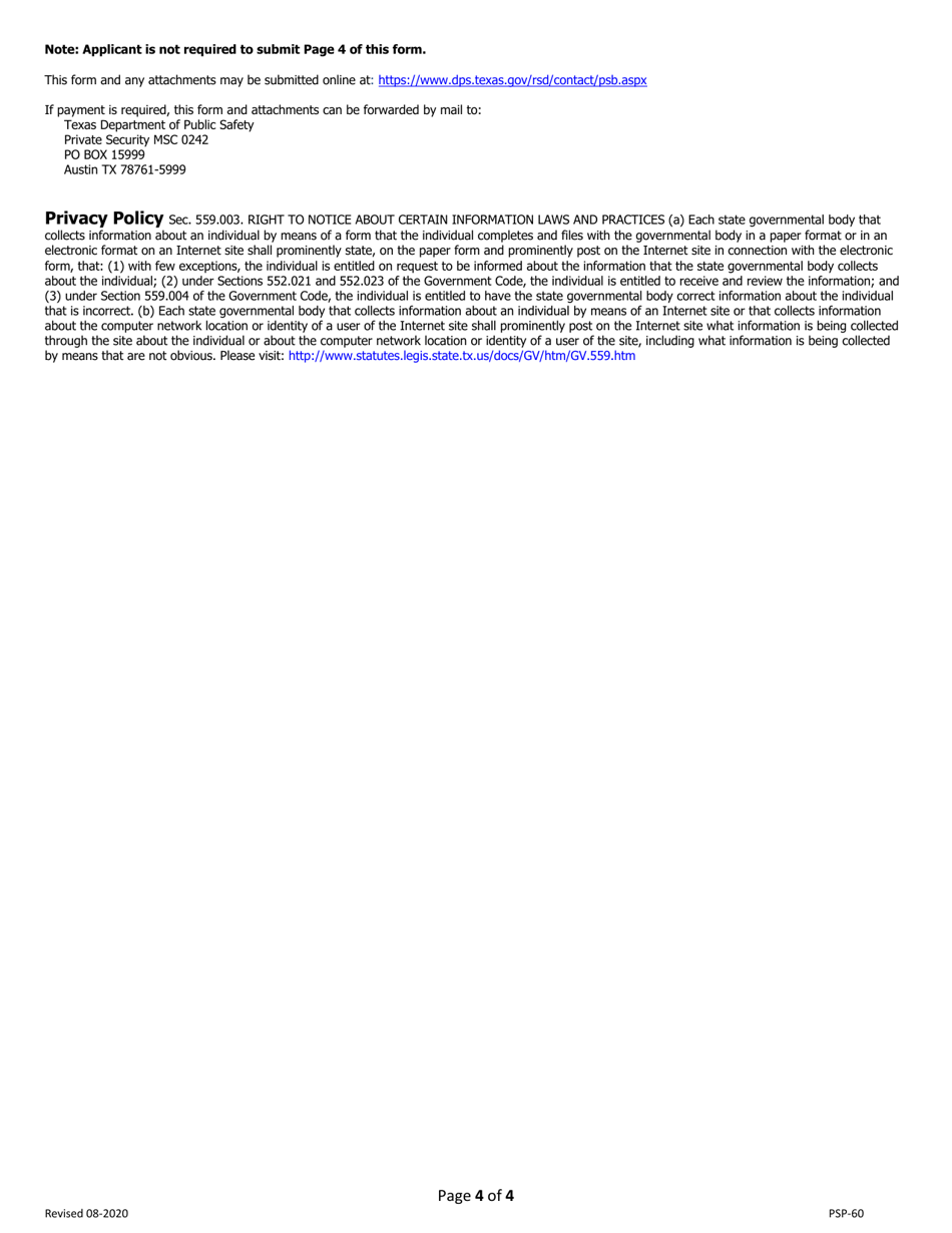 Form PSP-60 Individual Online Application Supplement - Texas, Page 4