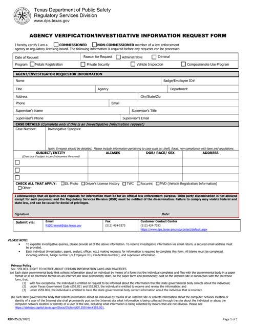 Form RSD-25 Agency Verification/Investigative Information Request Form - Texas