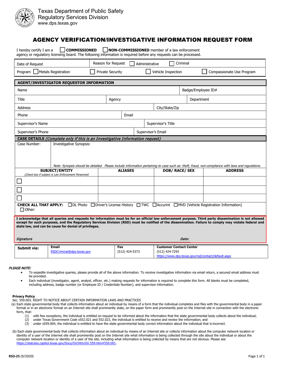 Form RSD-25 Agency Verification / Investigative Information Request Form - Texas, Page 1