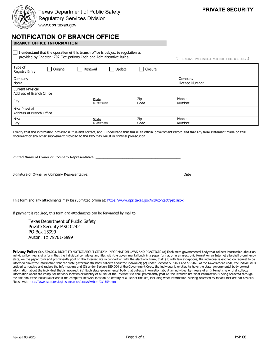 Form PSP-08 Notification of Branch Office - Texas, Page 1