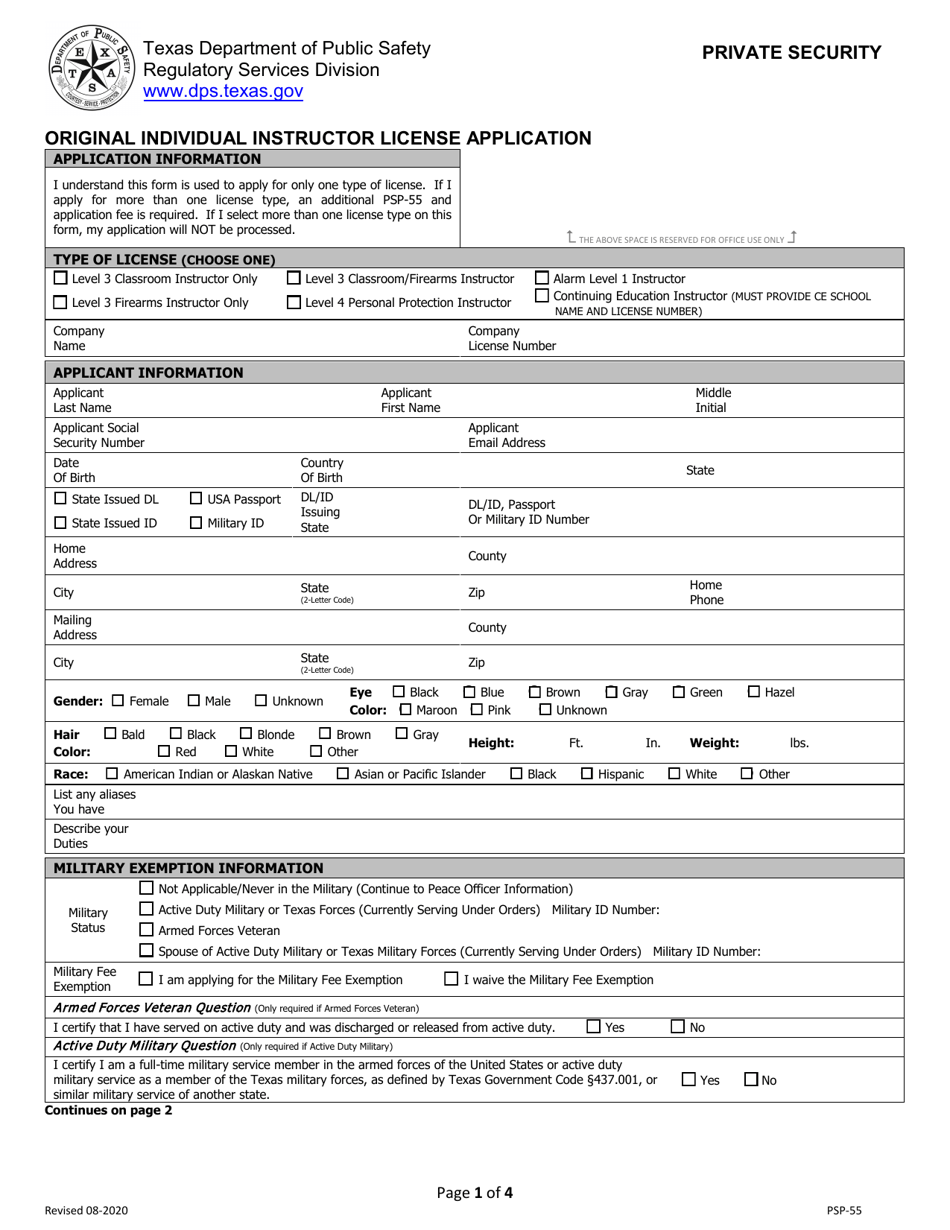 Form PSP-55 Original Individual Instructor License Application - Texas, Page 1