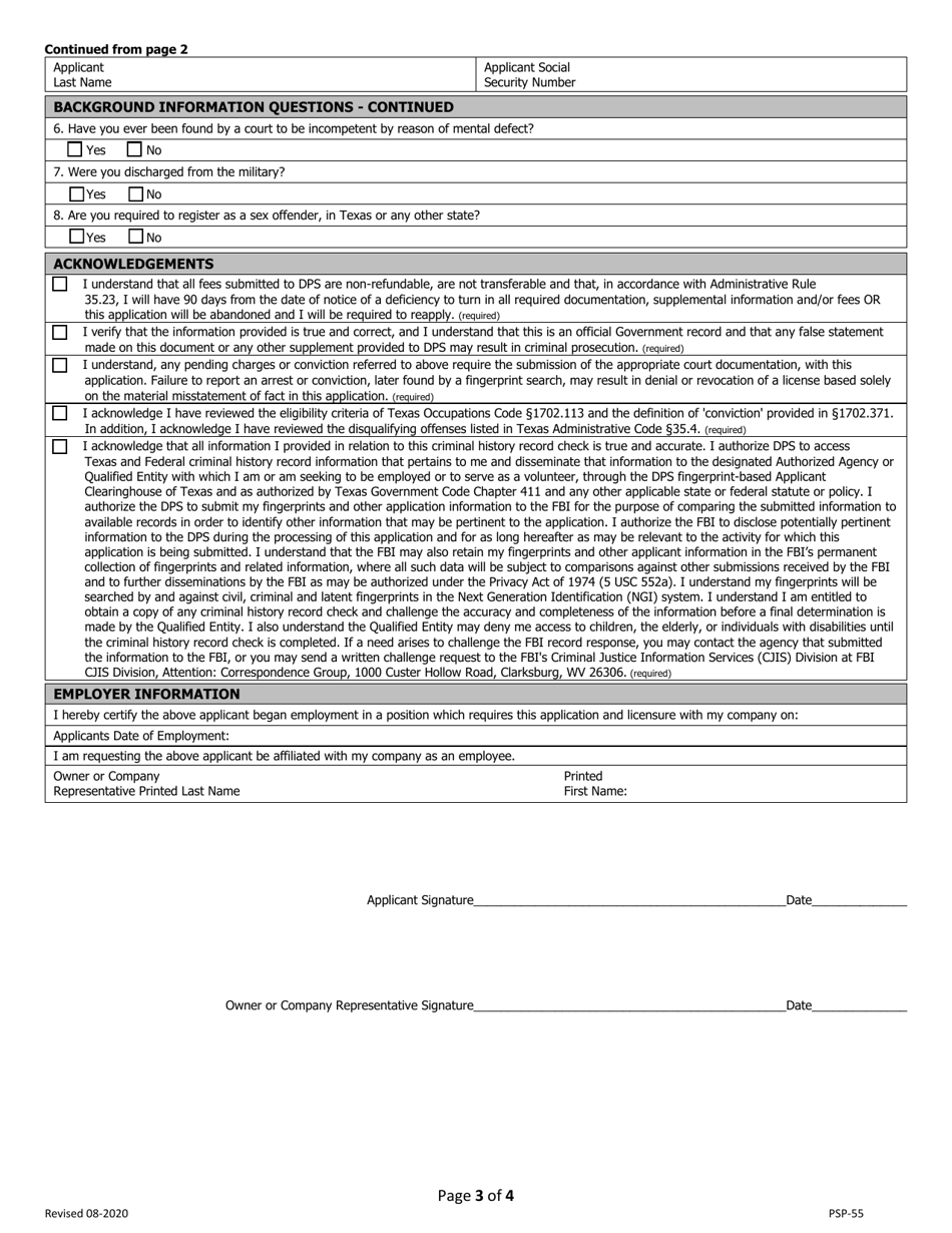 Form PSP-55 Original Individual Instructor License Application - Texas, Page 3