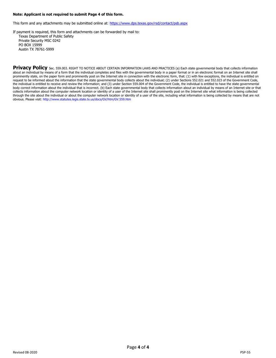 Form PSP-55 Original Individual Instructor License Application - Texas, Page 4