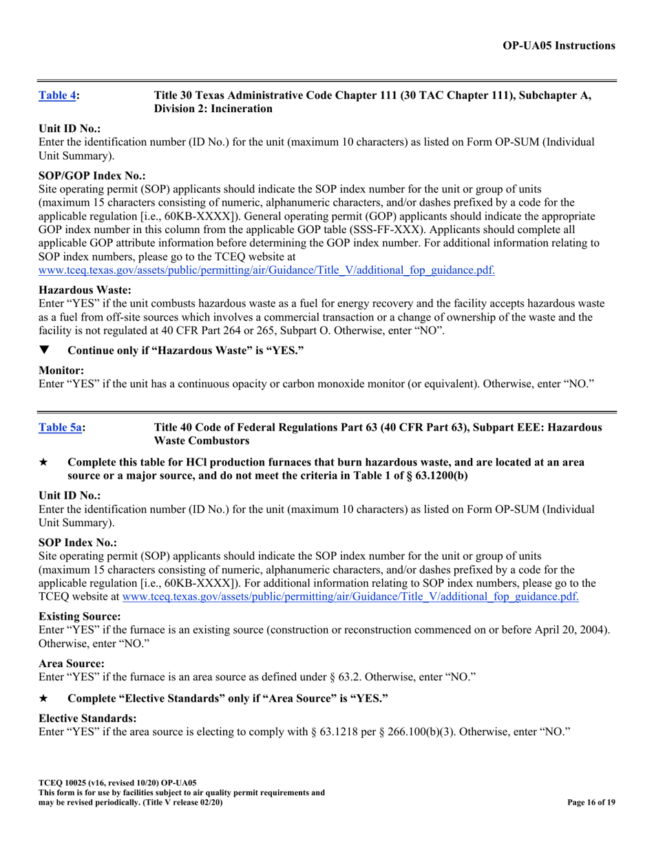 Form OP-UA5 (TCEQ-10025) Process Heater / Furnace Attributes - Texas, Page 16