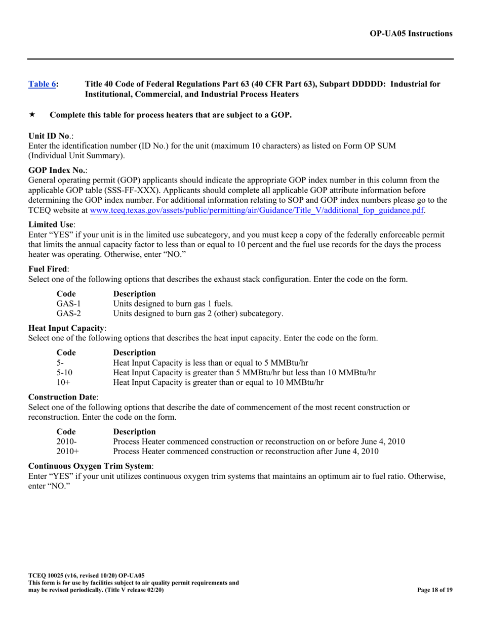 Form OP-UA5 (TCEQ-10025) Process Heater / Furnace Attributes - Texas, Page 18