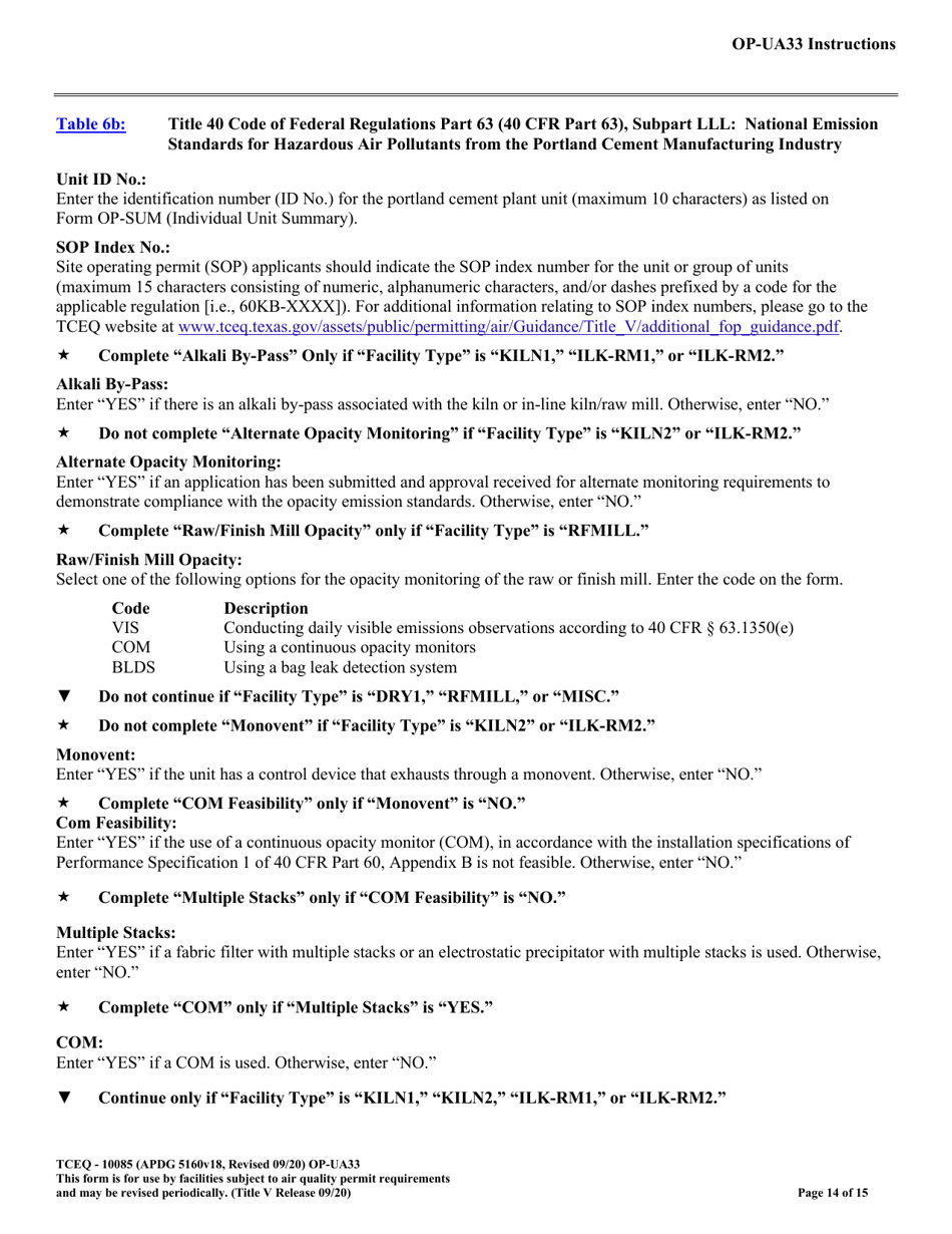 Form OP-UA33 (TCEQ-10085) Metallic Mineral Processing Plant Attributes - Texas, Page 14