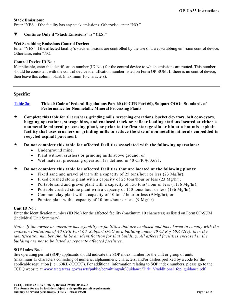Form OP-UA33 (TCEQ-10085) Metallic Mineral Processing Plant Attributes - Texas, Page 3