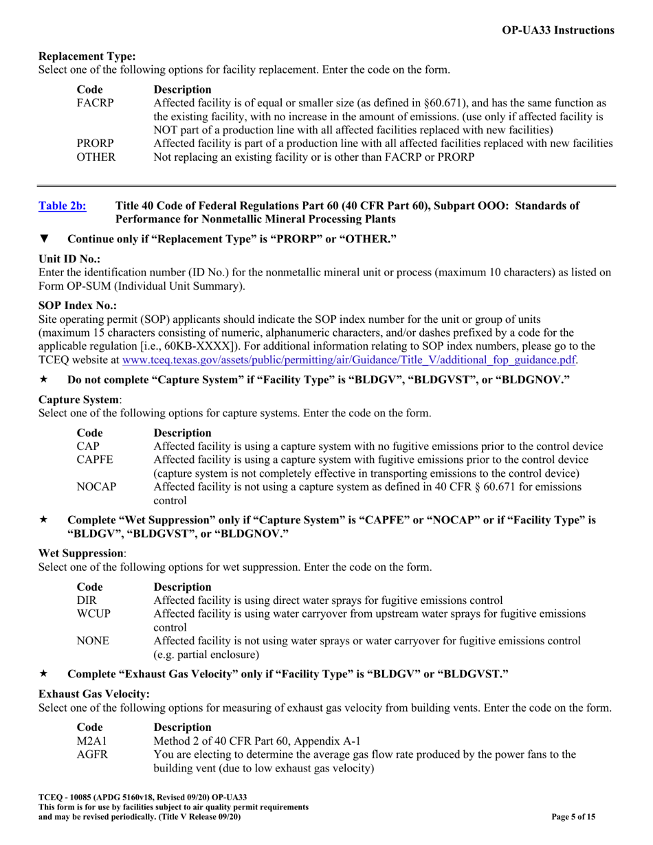 Form OP-UA33 (TCEQ-10085) Metallic Mineral Processing Plant Attributes - Texas, Page 5