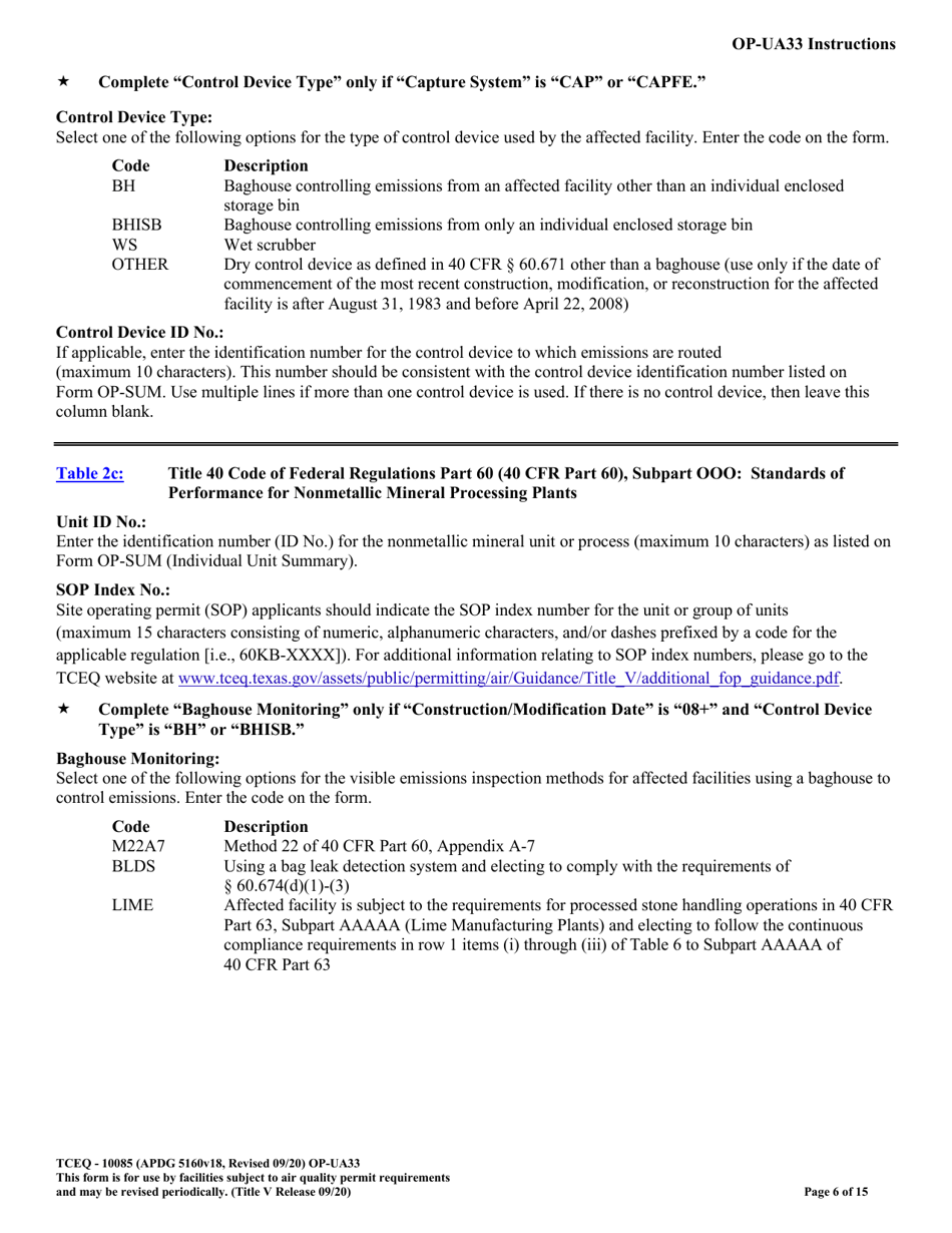 Form OP-UA33 (TCEQ-10085) Metallic Mineral Processing Plant Attributes - Texas, Page 6