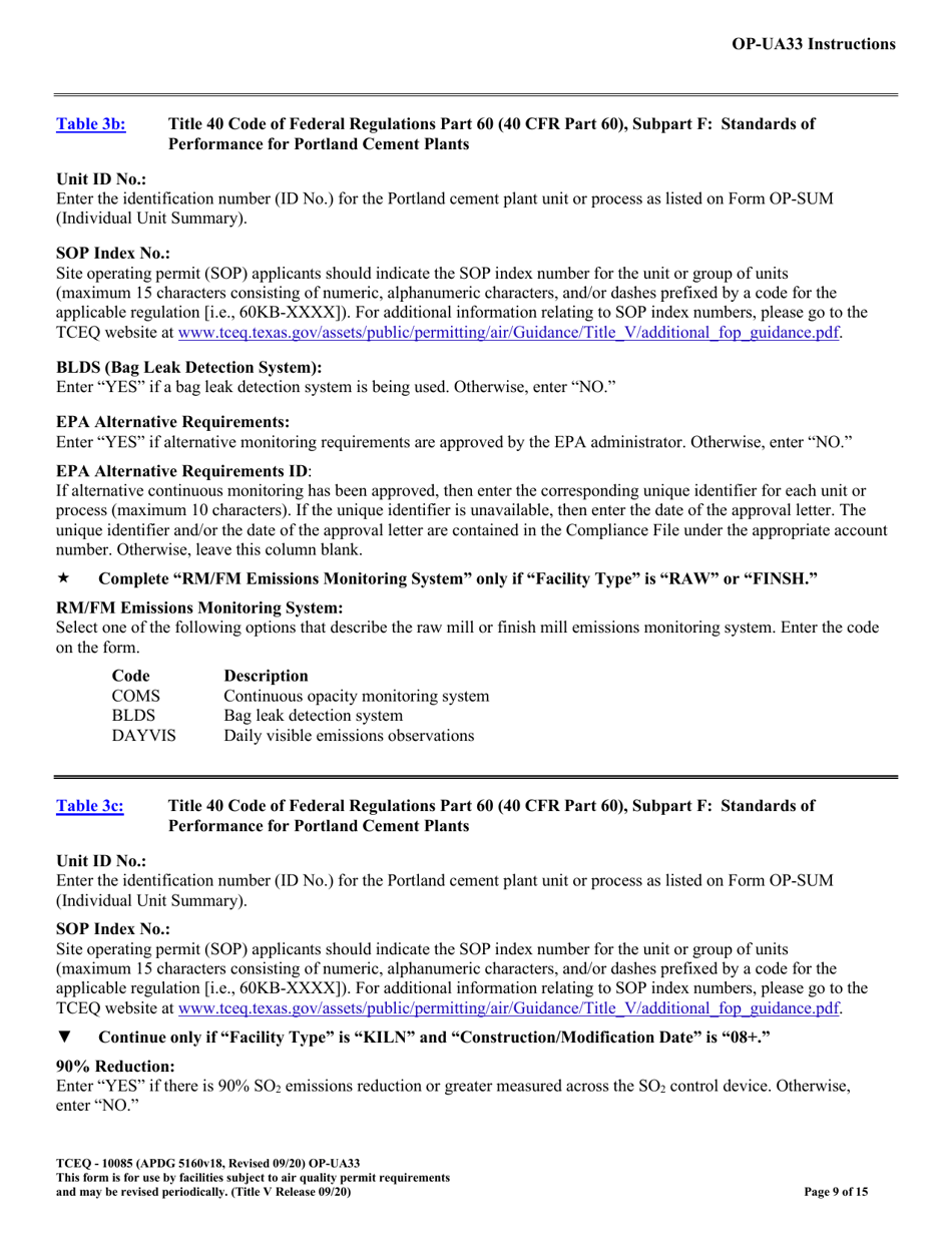 Form OP-UA33 (TCEQ-10085) Metallic Mineral Processing Plant Attributes - Texas, Page 9