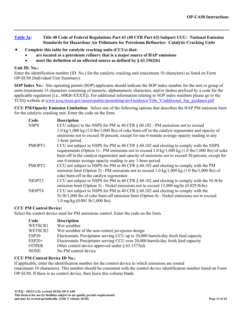 Form OP-UA50 (TCEQ-10223) Fluid Catalytic Cracking Unit Catalyst Regenerator / Fuel Gas Combustion Device / Claus Sulfur Recovery Plant Attributes - Texas, Page 13