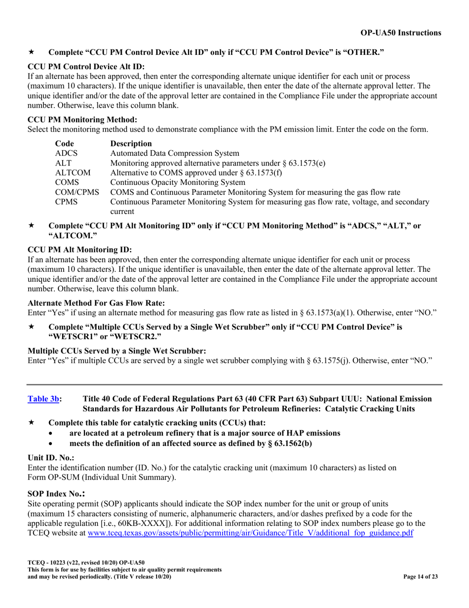 Form OP-UA50 (TCEQ-10223) Fluid Catalytic Cracking Unit Catalyst Regenerator / Fuel Gas Combustion Device / Claus Sulfur Recovery Plant Attributes - Texas, Page 14