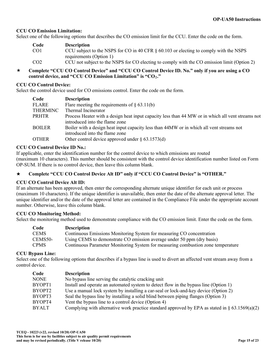Form OP-UA50 (TCEQ-10223) Fluid Catalytic Cracking Unit Catalyst Regenerator / Fuel Gas Combustion Device / Claus Sulfur Recovery Plant Attributes - Texas, Page 15
