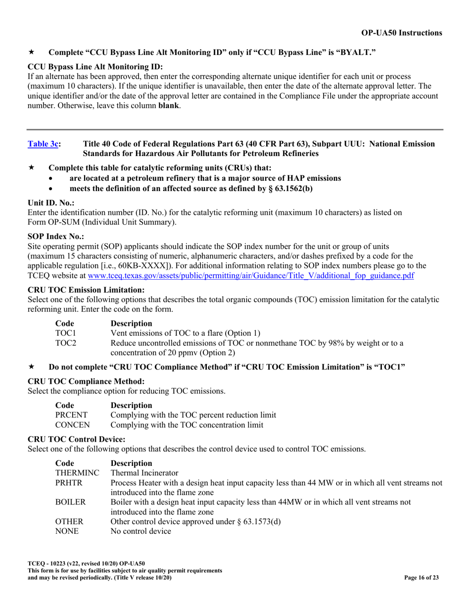 Form OP-UA50 (TCEQ-10223) Fluid Catalytic Cracking Unit Catalyst Regenerator / Fuel Gas Combustion Device / Claus Sulfur Recovery Plant Attributes - Texas, Page 16