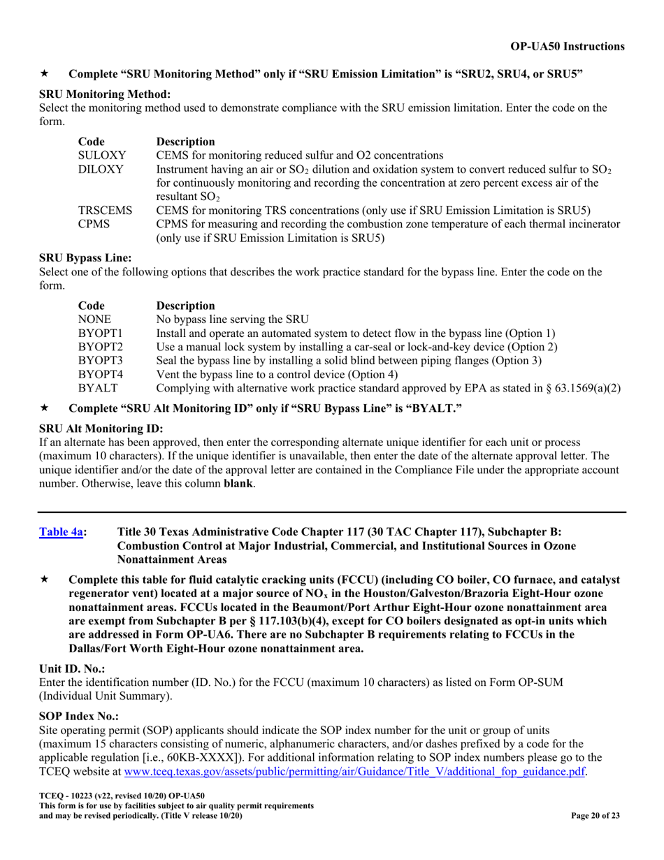 Form OP-UA50 (TCEQ-10223) Fluid Catalytic Cracking Unit Catalyst Regenerator / Fuel Gas Combustion Device / Claus Sulfur Recovery Plant Attributes - Texas, Page 20