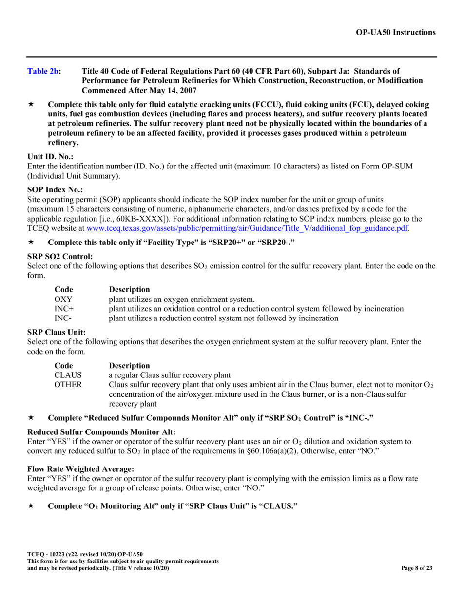 Form OP-UA50 (TCEQ-10223) Fluid Catalytic Cracking Unit Catalyst Regenerator / Fuel Gas Combustion Device / Claus Sulfur Recovery Plant Attributes - Texas, Page 8