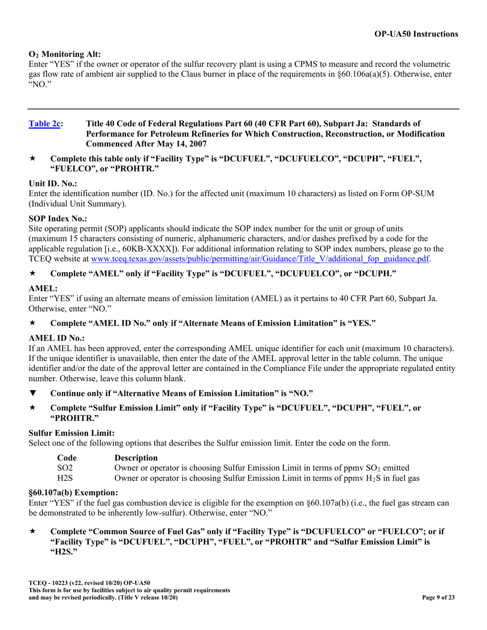 Form OP-UA50 (TCEQ-10223) Fluid Catalytic Cracking Unit Catalyst Regenerator / Fuel Gas Combustion Device / Claus Sulfur Recovery Plant Attributes - Texas, Page 9