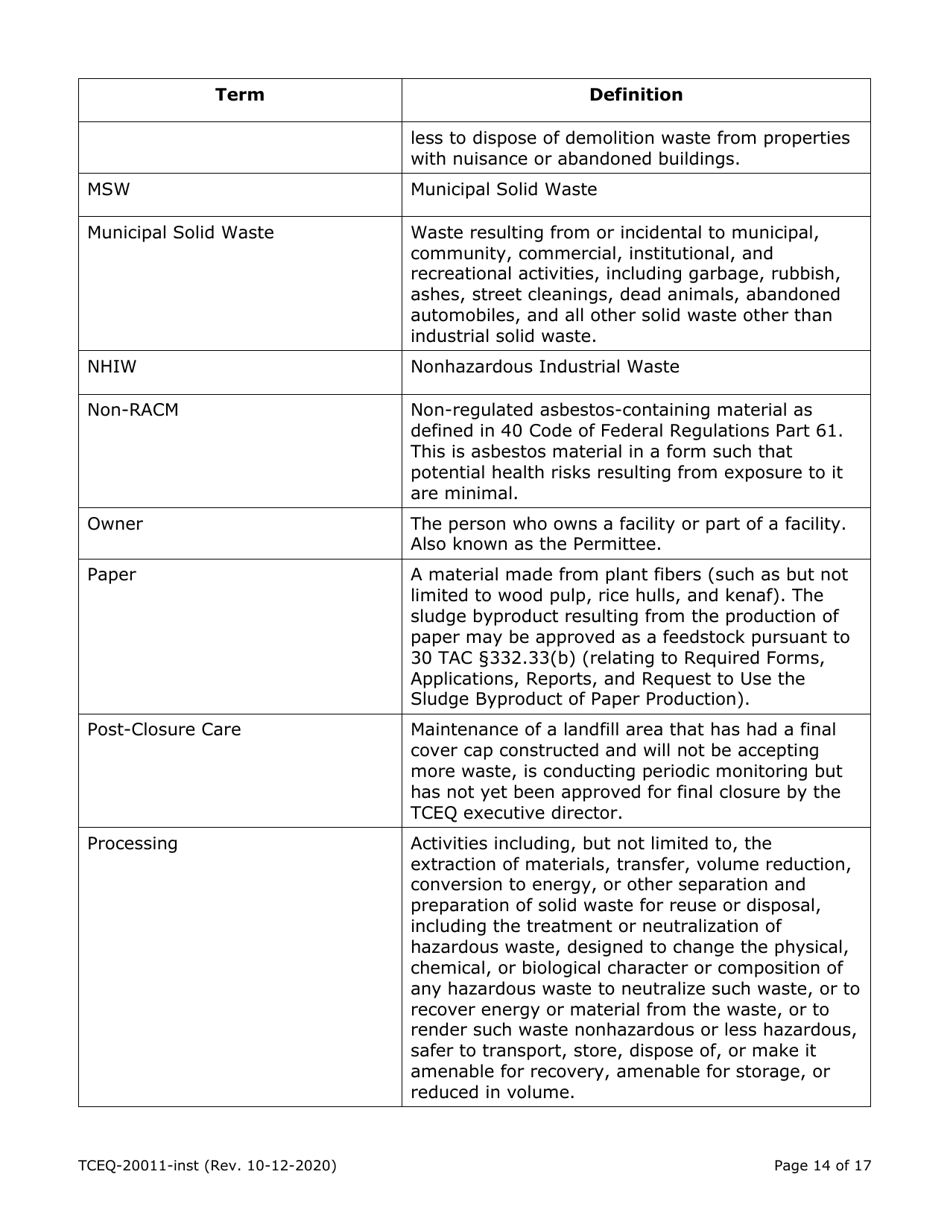Instructions for Form TCEQ-20011A, TCEQ-20011B, TCEQ-20011C, TCEQ-20011D - Texas, Page 14