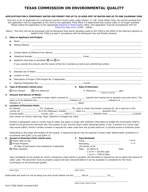 Form TCEQ-20425 Application for a Temporary Water Use Permit for up to 10 Acre-Feet of Water and up to One Calendar Year - Texas