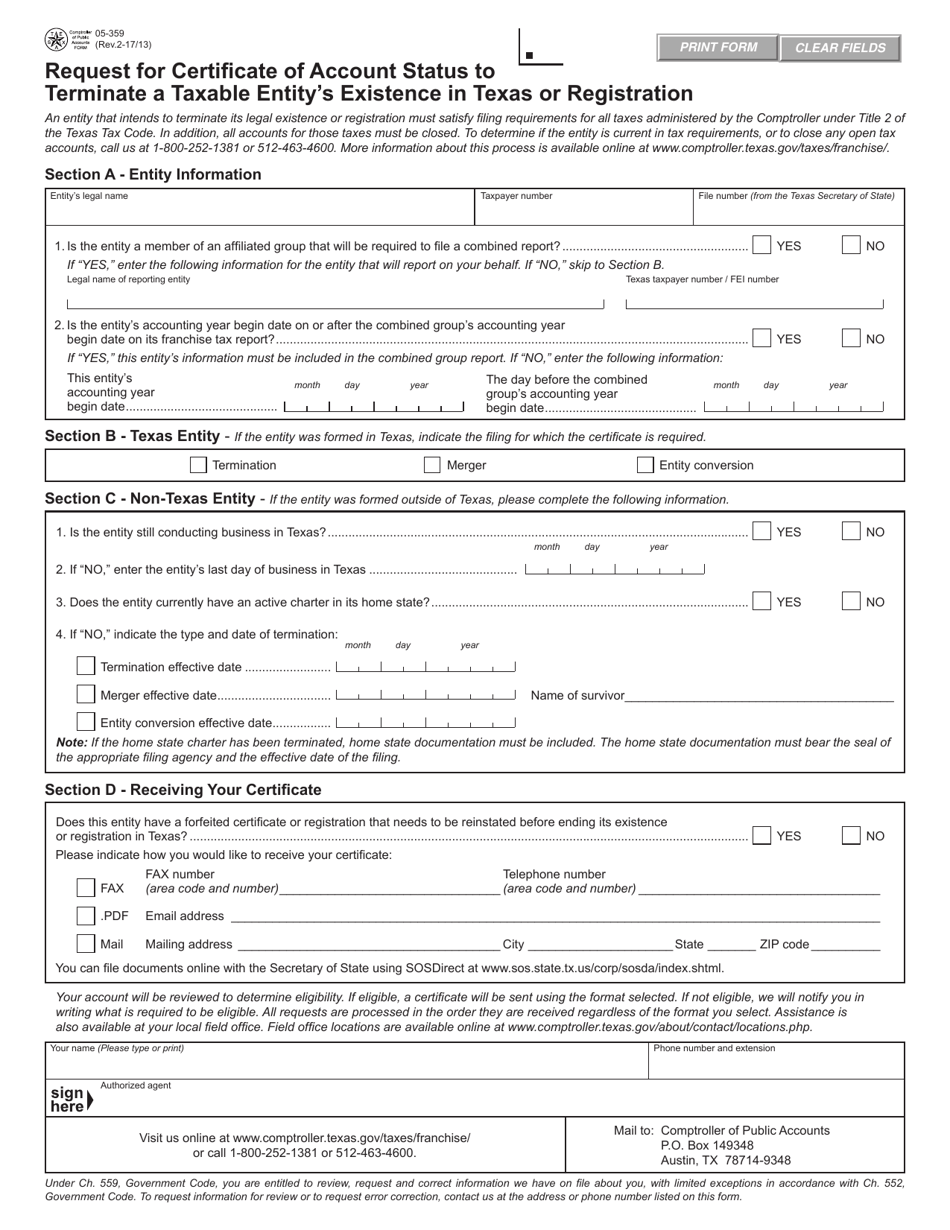 Form 05-359 Request for Certificate of Account Status to Terminate a Taxable Entitys Existence in Texas or Registration - Texas, Page 1