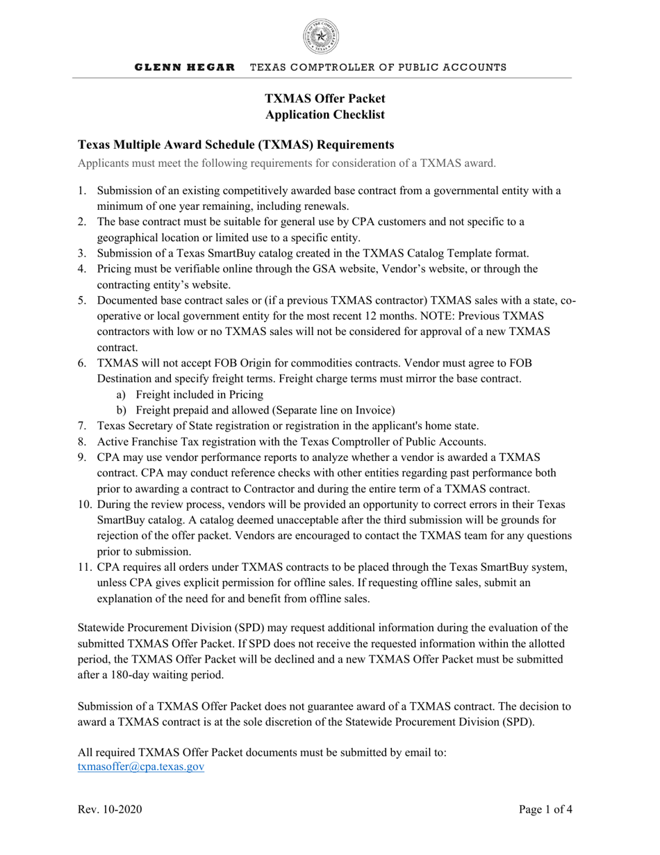 Txmas Offer Packet Application Checklist - Texas, Page 1