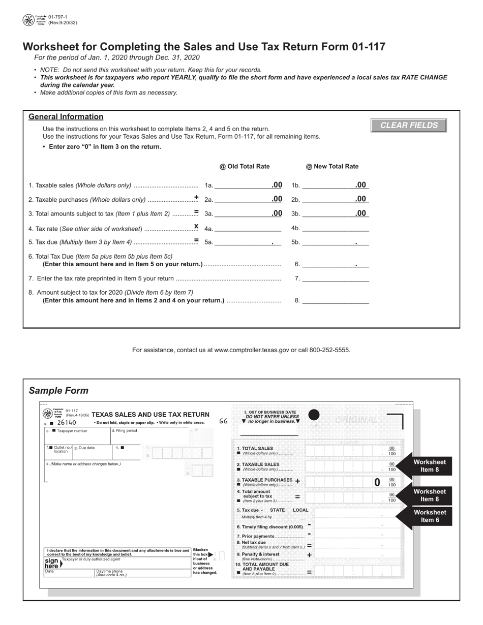 Form 01-797 Worksheet for Completing the Sales and Use Tax Return Form 01-117 - Texas, Page 1