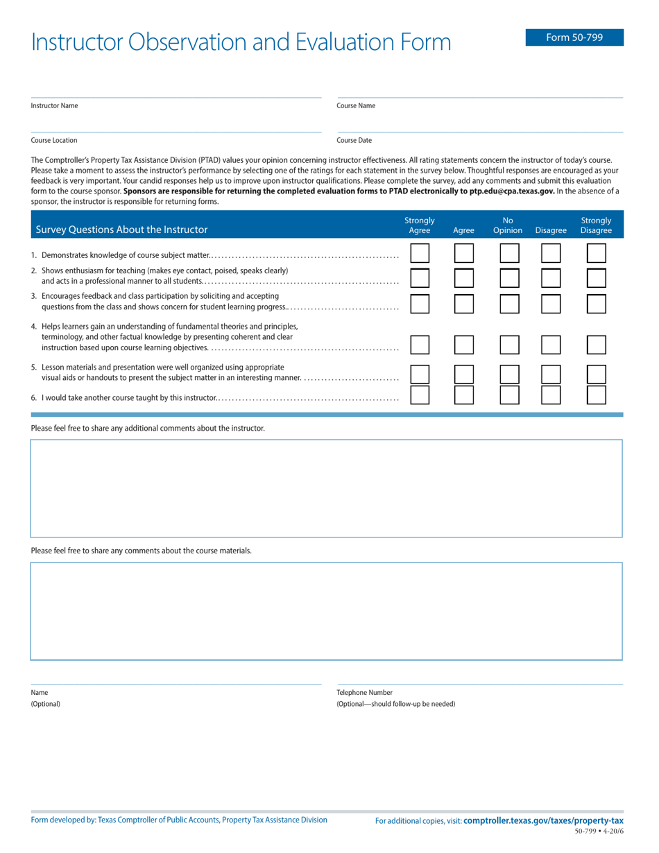 Form 50-799 Download Fillable PDF or Fill Online Instructor Observation ...