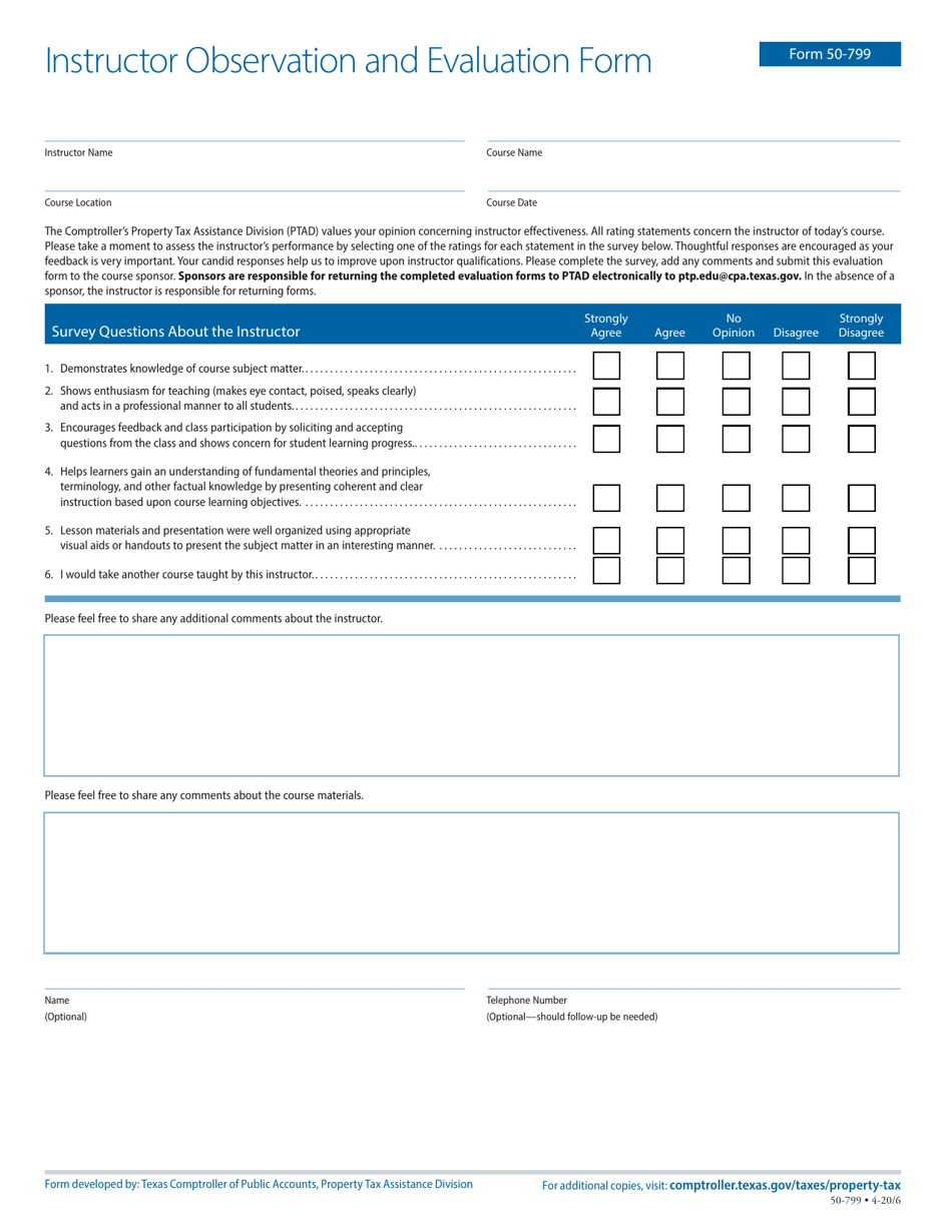 Form 50-799 Instructor Observation and Evaluation Form - Texas, Page 1