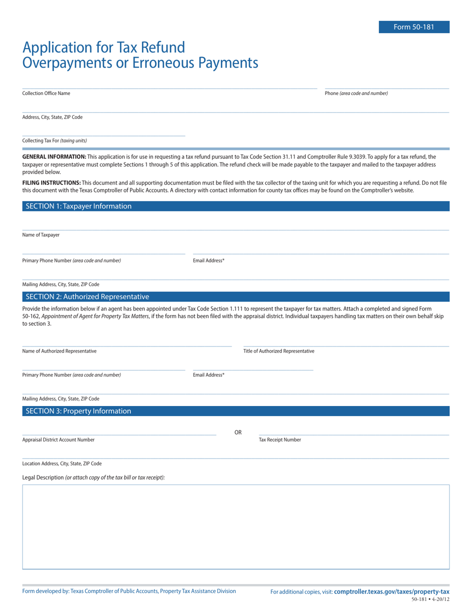 Form 50-181 Application for Tax Refund of Overpayments or Erroneous Payments - Texas, Page 1