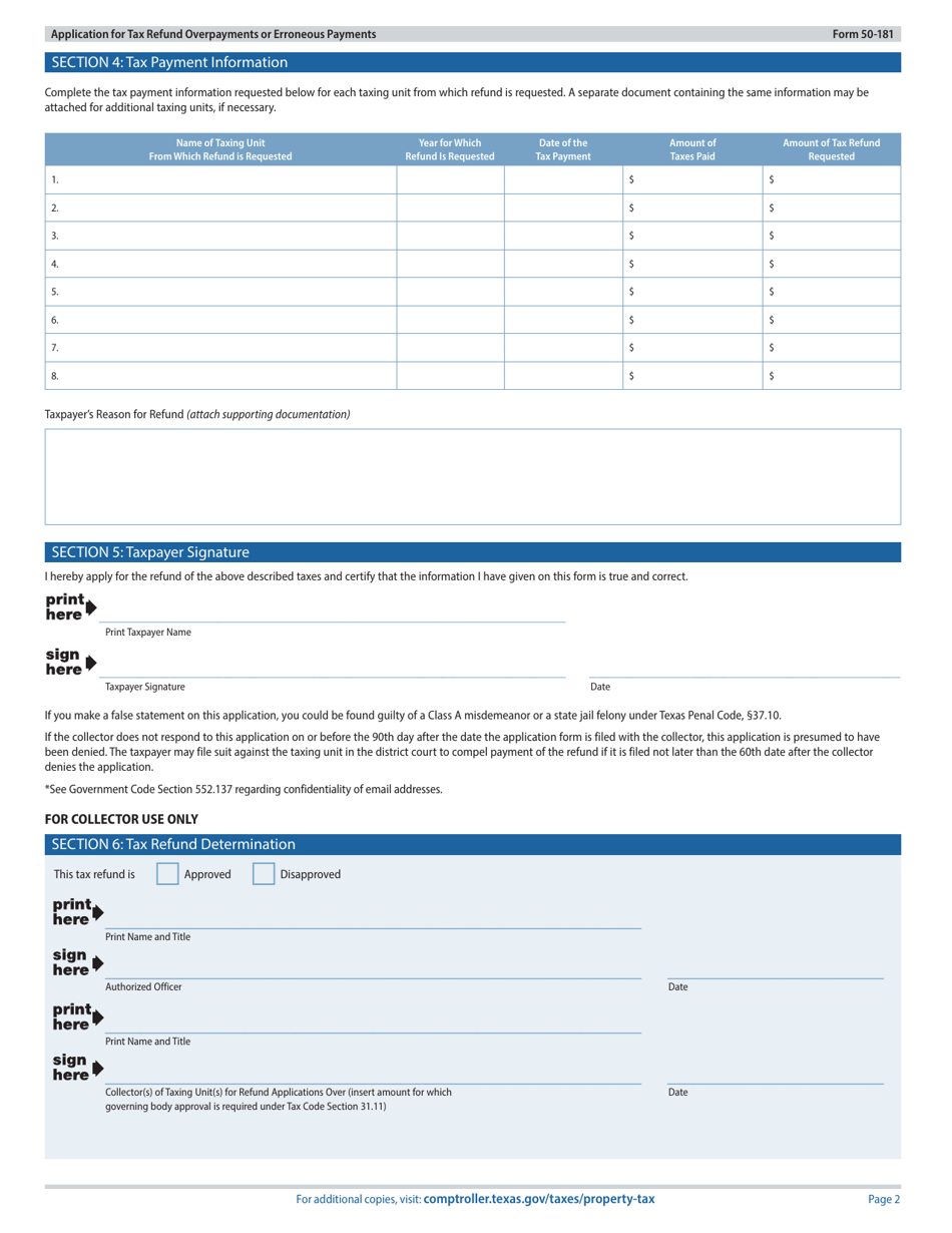 Form 50-181 Application for Tax Refund of Overpayments or Erroneous Payments - Texas, Page 2