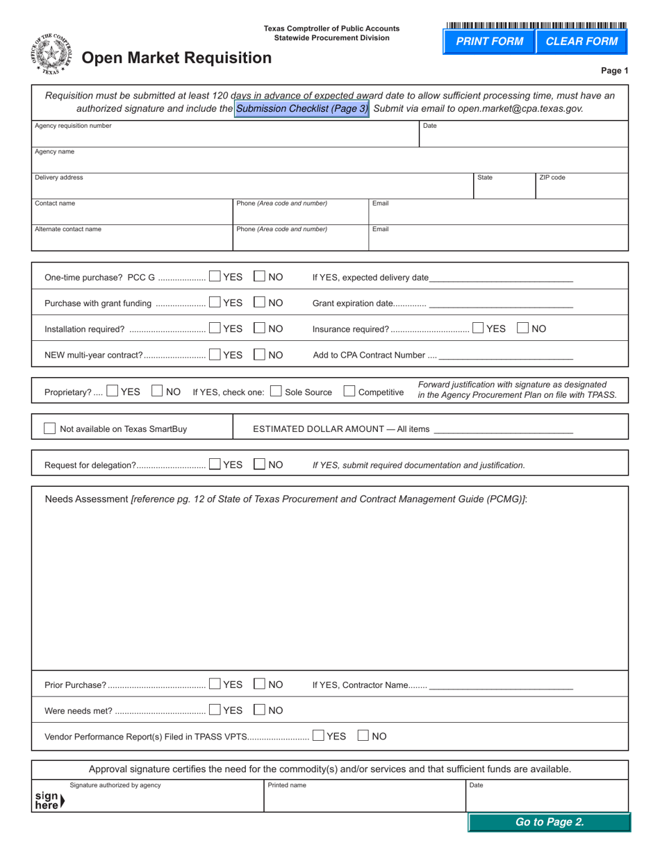 Form 76-146 Open Market Requisition - Texas, Page 1