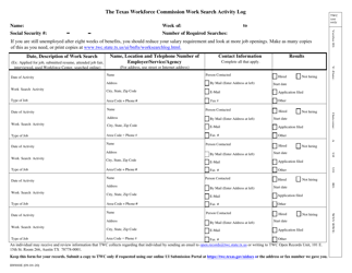 Document preview: Form BN900E Work Search Activity Log - Texas
