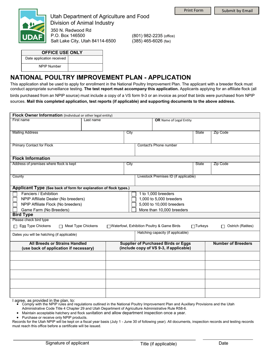 National Poultry Improvement Plan - Application - Utah, Page 1