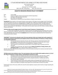 &quot;Notice of Treatment or Testing, Variance and Verification of Distribution of Aquatic Invasive Species (Ais)&quot; - Utah