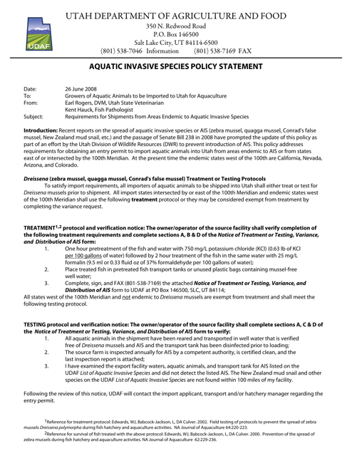 Notice of Treatment or Testing, Variance and Verification of Distribution of Aquatic Invasive Species (Ais) - Utah