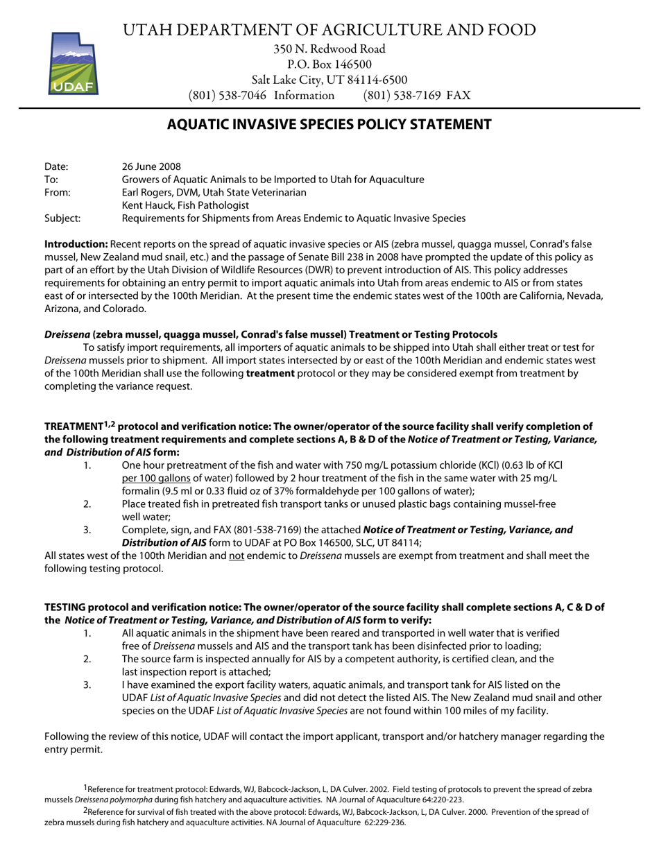 Notice of Treatment or Testing, Variance and Verification of Distribution of Aquatic Invasive Species (Ais) - Utah, Page 1