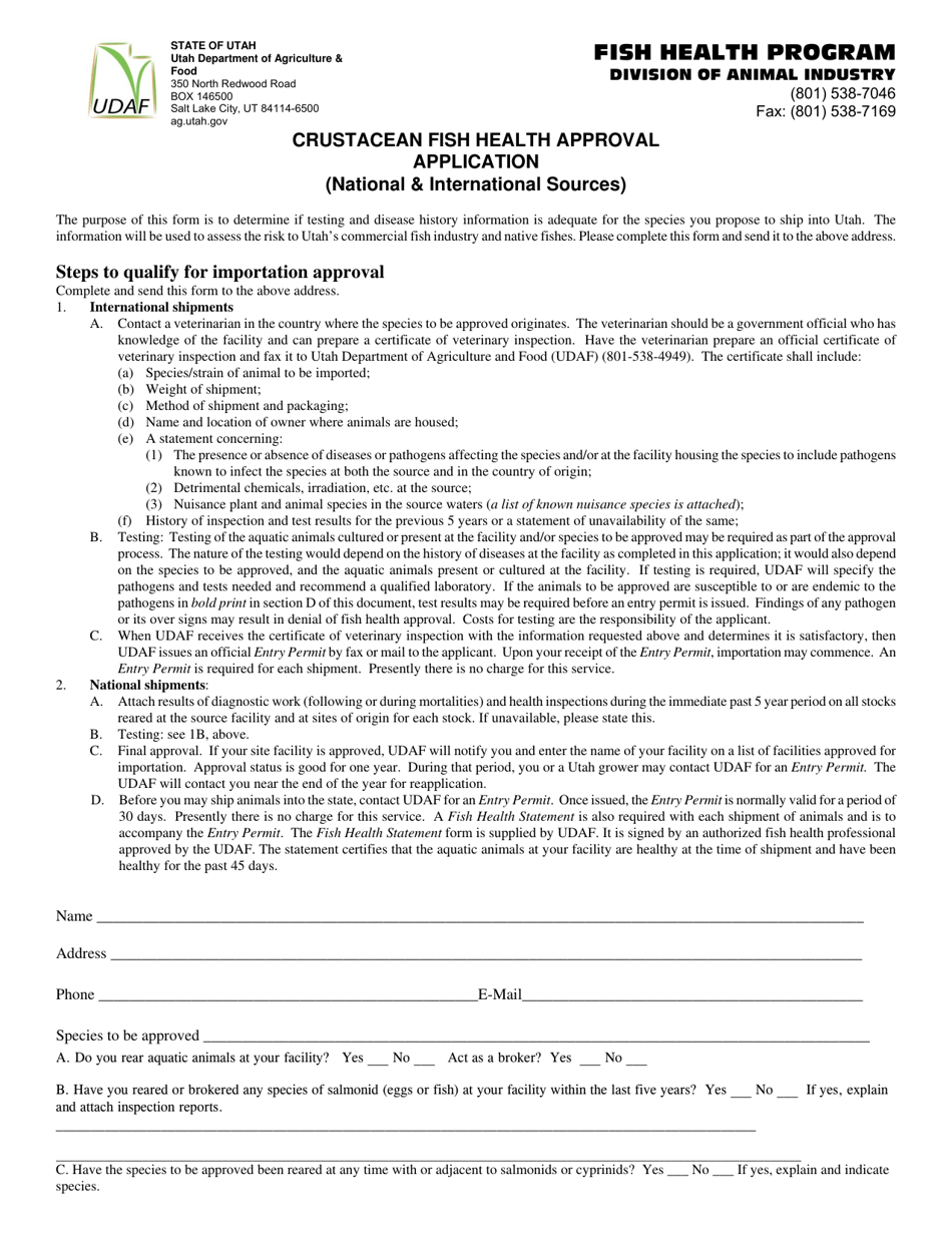 Form AG-333 Crustacean Fish Health Approval Application (National  International Sources) - Utah, Page 1