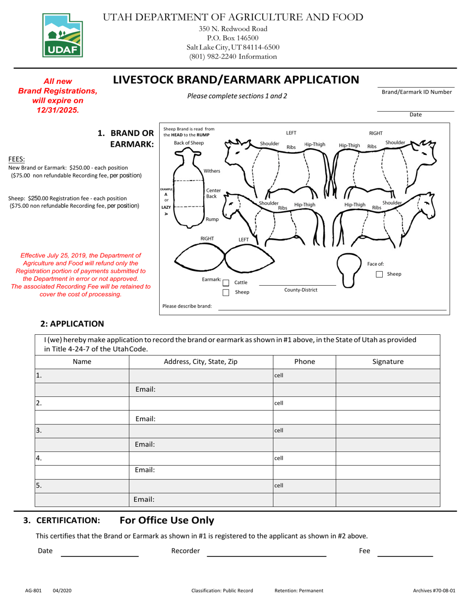 Form AG-801 Livestock Brand / Earmark Application - Utah, Page 1