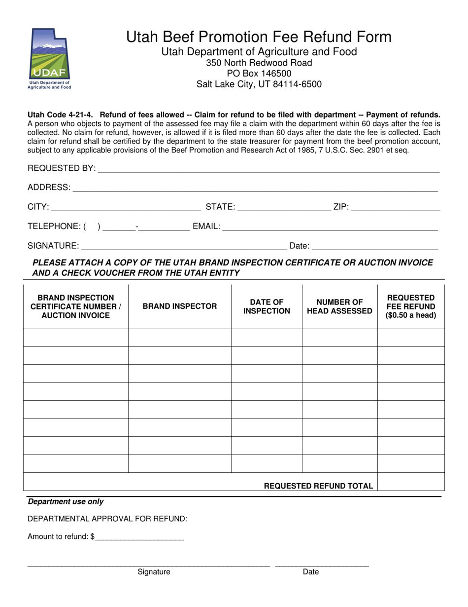 Utah Beef Promotion Fee Refund Form - Utah, Page 1