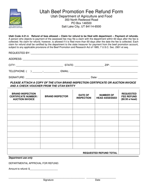 Utah Beef Promotion Fee Refund Form - Utah Download Pdf