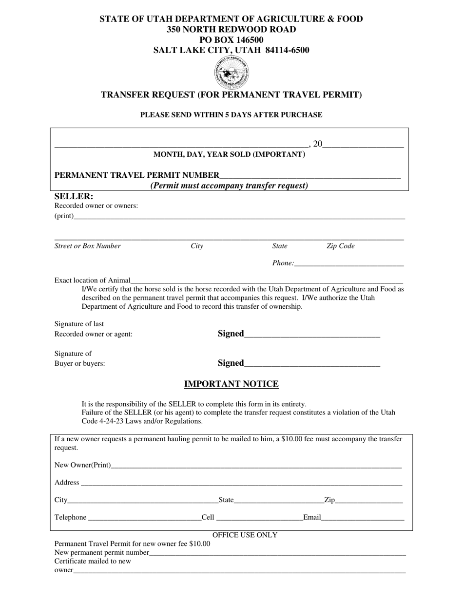 Transfer Request (For Permanent Travel Permit) - Utah, Page 1