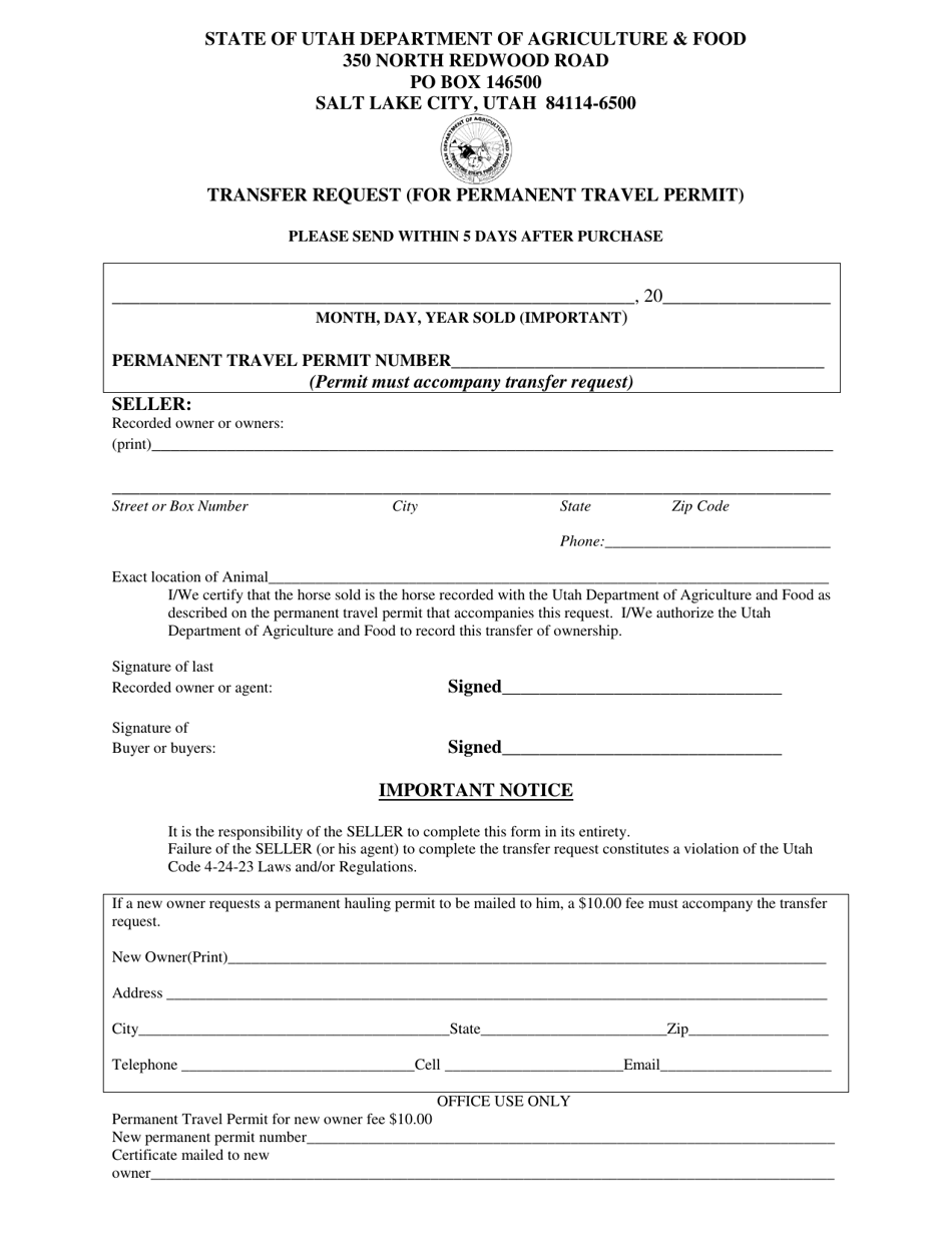 Utah Transfer Request (For Permanent Travel Permit) Fill Out, Sign