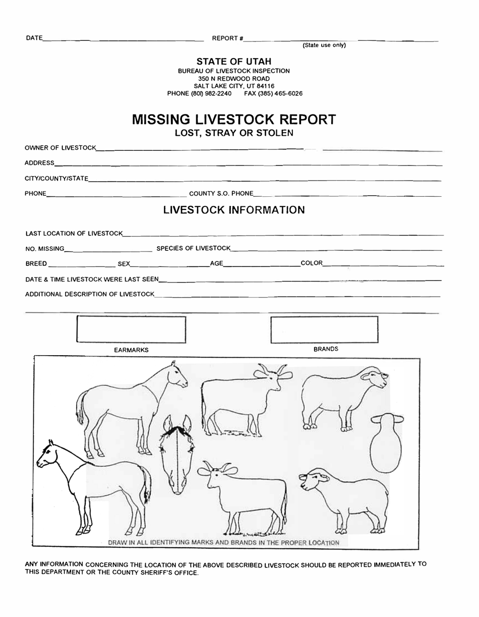 Utah Missing Livestock Report Download Printable PDF Templateroller