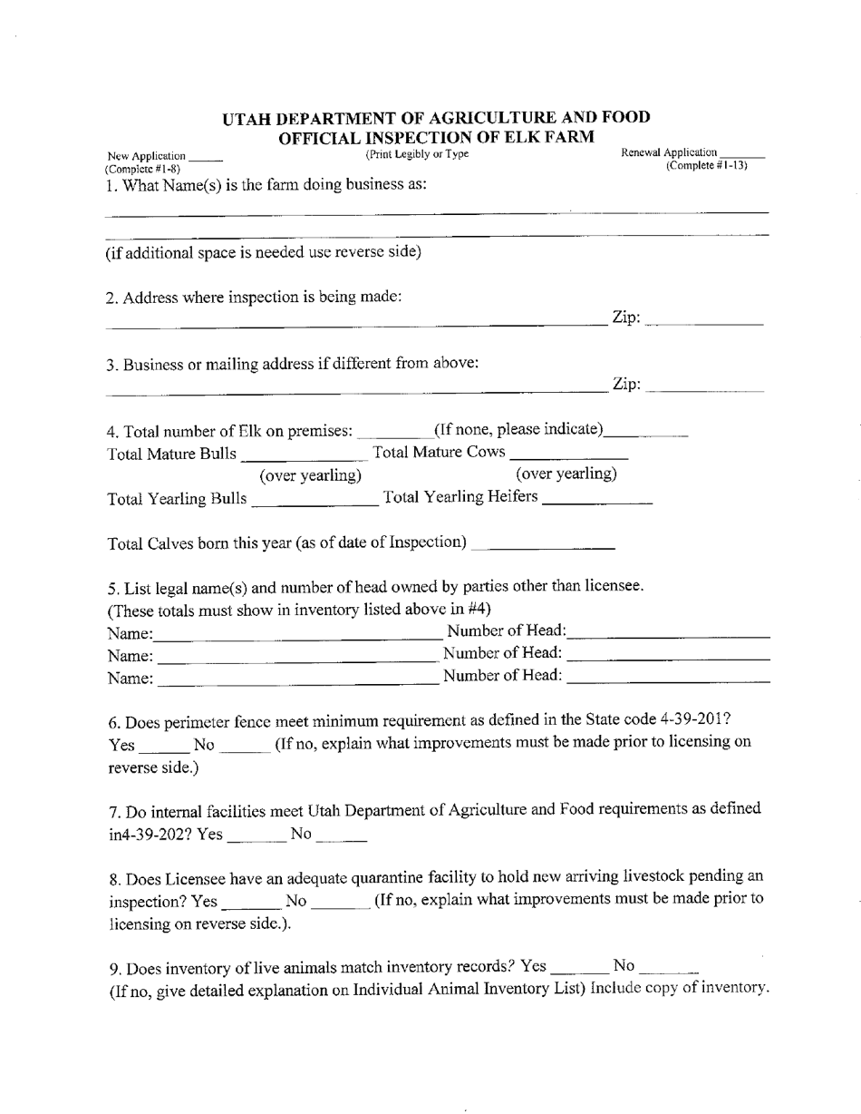 Official Inspection of Elk Farm Form - Utah, Page 1