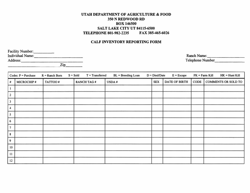 Calf Inventory Reporting Form - Utah Download Pdf