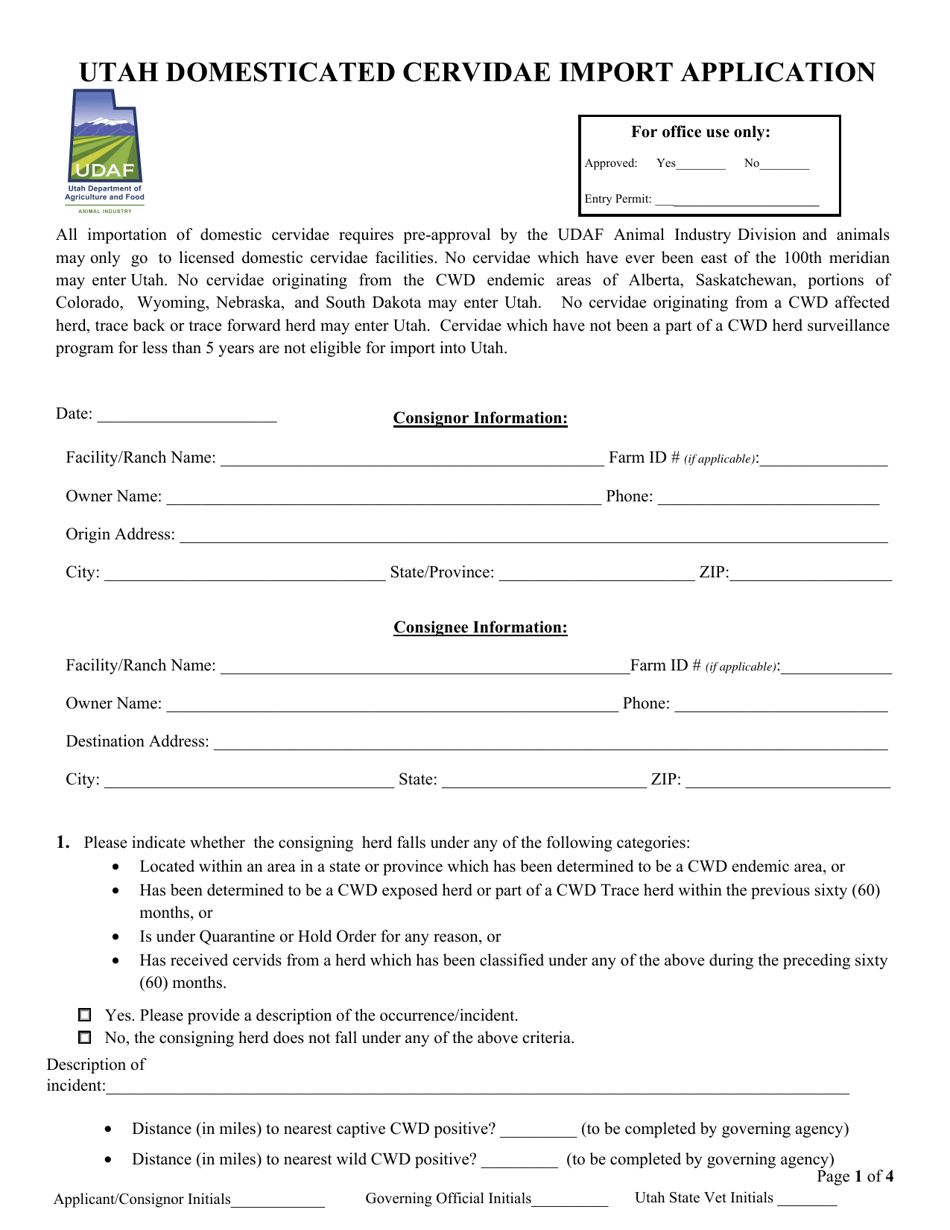 Utah Domesticated Cervidae Import Application - Utah, Page 1