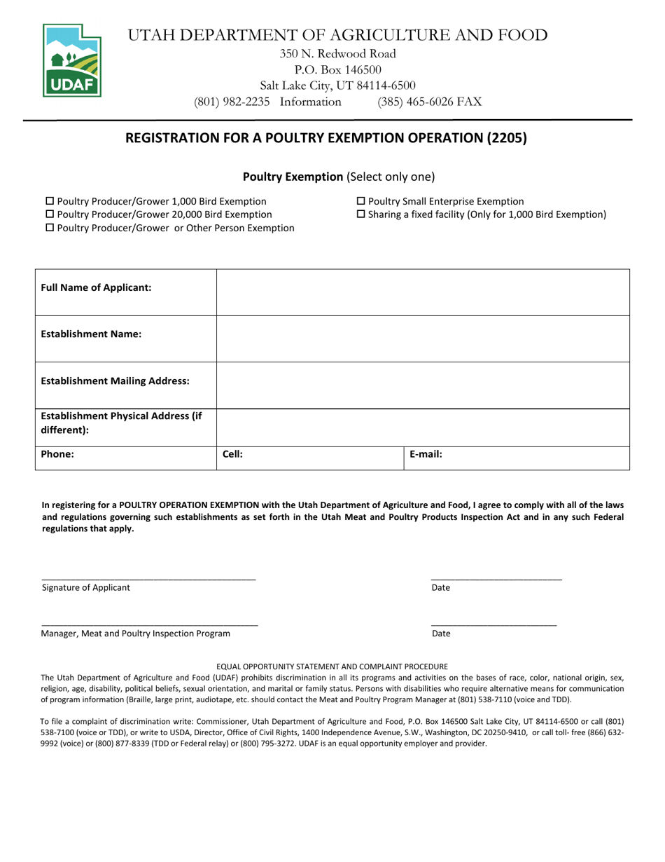 Registration for a Poultry Exemption Operation (2205) - Utah, Page 1