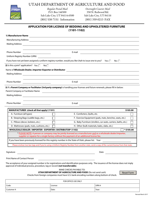 Application for License of Bedding and Upholstered Furniture (1101-1102) - Utah Download Pdf