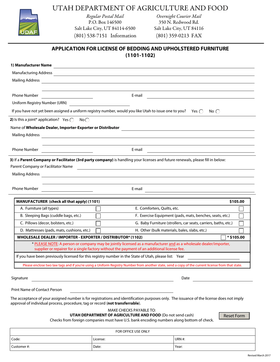 Application for License of Bedding and Upholstered Furniture (1101-1102) - Utah, Page 1