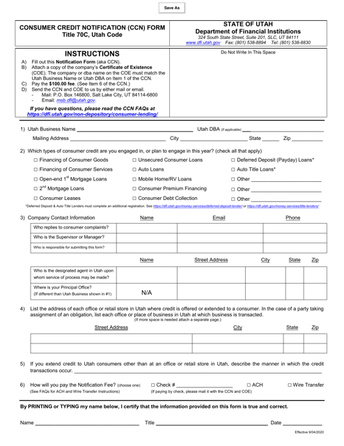 Consumer Credit Notification (Ccn) Form - Utah Download Pdf